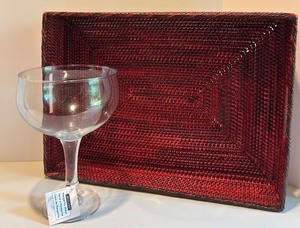 lot 95 image: Large Woven Red Serving Tray and Clear Glass Oversized Goblet