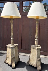 lot 142 image: Pair of Vintage Style Wooden Floor Lamps with Shades