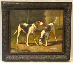 lot 19 image: Framed Print Painting of Hound Dogs by G. Herring