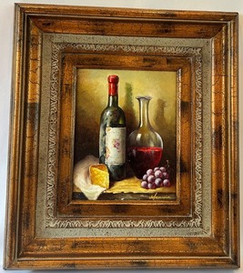 lot 21 image: Vintage Framed Original Oil Painting of Wine and Grapes, signed by Artist