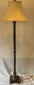 lot 33 image: Ornate Brass and Fabric Floor Lamp with Detailed Base and Shade