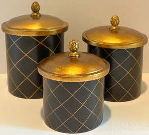 lot 36 image: Set of 3 Black and Gold Decorative Canisters with Pinecone Finials