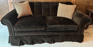 lot 39 image: Hickory Chair Loveseat in Dark Brown Velvet with Accent Pillows