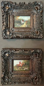 lot 41 image: Set of 2 Framed Hunt Scene Oil Paintings with Ornate Frames