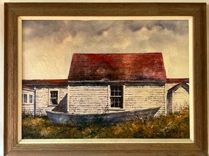 lot 79 image: Framed Watercolor Print by Artist Bradleigh, Rural Landscape with Boat
