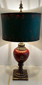 lot 108 image: Vintage Table Lamp with Red Floral Base and Distressed Green Shade