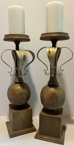 lot 113 image: Pair of Decorative Wooden Candle Holders with Metal Accents