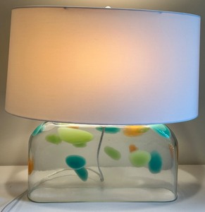 lot 123 image: Glass Table Lamp with Colorful Patterned Glass Base and White Shade