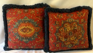 lot 130 image: Pair of Decorative Throw Pillows with Fringe and Red Abstract Design