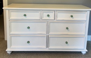 lot 152 image: White Dresser with Green Glass Knobs by Stanley Furniture