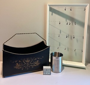 lot 171 image: Collection of Decorative Items Metal Magazine holder, Wine Sign, and Metal Cup