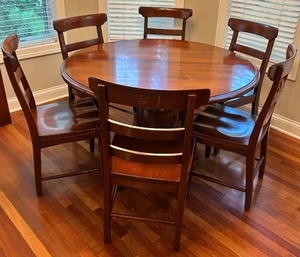 lot 180 image: Zimmerman Chair Shop Dining Set with 6 Chairs and Pedestal Table and Leaf