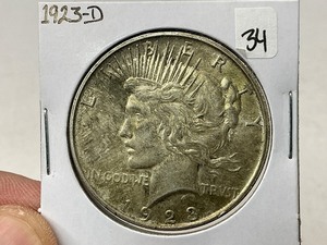 lot 34 image: 1923-D Peace Silver Dollar