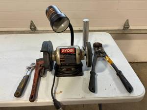 lot 39 image: Ryobi Grinder and misc tools