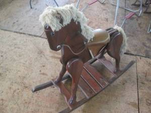 lot 49 image: Wooden Rocking Horse with leather s...
