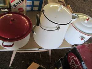 lot 338 image: Lidded enamelware pots and Water Ke...