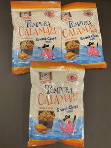 lot 19 image: Set of 3 Tempura Calamari Snack Chips Curry Flavor 150g Each