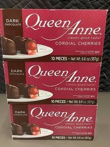 lot 29 image: Queen Anne Dark Chocolate Cordial Cherries - 3 Boxes, 10 Pieces Each