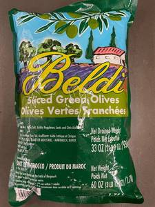 lot 30 image: Beldi Sliced Green Olives 60 oz (3 lbs 12 oz) Bag