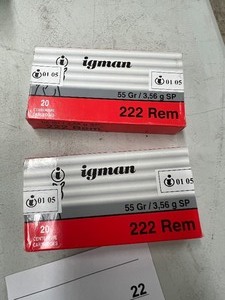 lot 22 image: 2- FULL BOXES OF 20 - 222 REMINGTON 55GR CARTRIDGES 40 TOTAL