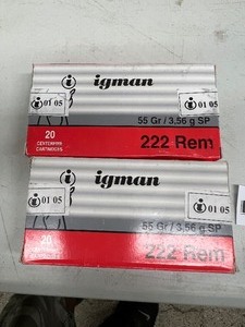 lot 26 image: 2- FULL BOXES OF 20 - 222 REMINGTON 55GR CARTRIDGES 40 TOTAL