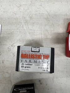 lot 39 image: 100) 22 CALIBER 55GR .224 SPITZER BALLISTIC TIP BULLETS #59526