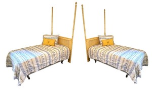 lot 5 image: Charming Pair of Yellow Painted Gabberts Faux Bamboo Twin Beds, Includes Bedding