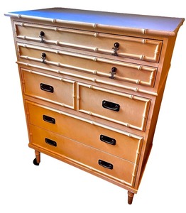 lot 6 image: Vintage Yellow Bamboo-Style Gabberts Dresser with Brass Pulls