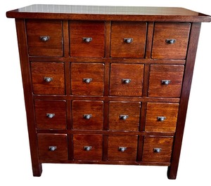 lot 14 image: Pottery Barn 16 Drawer Apothecary Cabinet in Chestnut Colored Finish