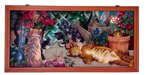 lot 18 image: Joan Baker Stained Glass Artwork with Cats & Flowers