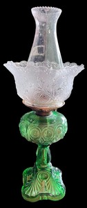 lot 37 image: Vintage Green Glass Oil Lamp with Etched Clear Glass Shade