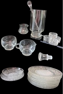 lot 87 image: Glassware Collection with Plates, Napkin Rings, & Drink Accessories