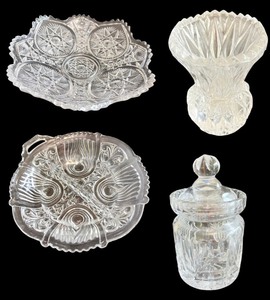 lot 89 image: Vintage Cut Glass Pieces Dishes, Vanity Jar, and Vase