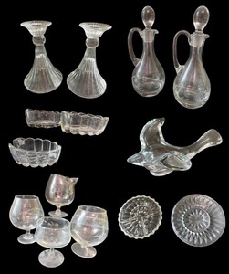 lot 90 image: Clear Glassware Collection Bowls, Candle Holders, Glasses, and Decorative Bird