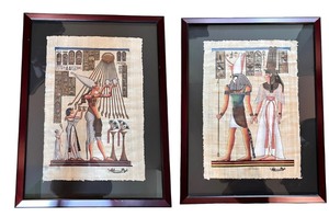 lot 11 image: Pair of Framed Egyptian Papyrus Paintings with Deities