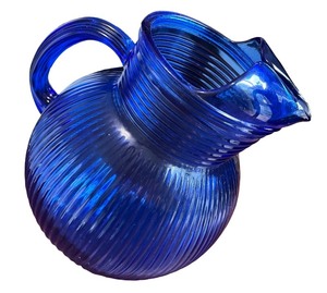 lot 12 image: Vintage Cobalt Blue Glass Pitcher with Ribbed Design
