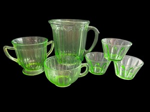 lot 13 image: Vintage Green Depression Glass Set - Pitcher, Cups, and Bowls