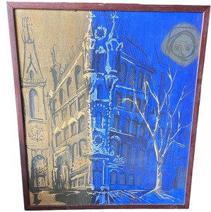 lot 48A image: Abstract Blue and Gold Architecture Painting on Canvas
