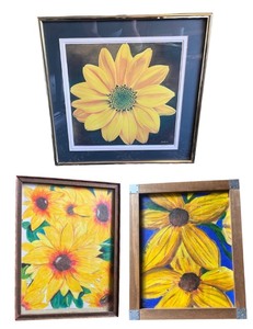 lot 51 image: Collection of Sunflower Paintings in Various Frames - Including a signed print by Robert Lewis