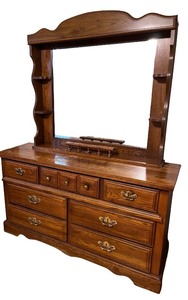 lot 54 image: Solid Oak Dresser with Attached Mirror and Multiple Drawers