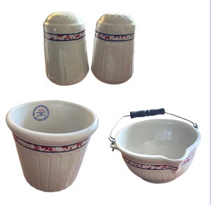 lot 68 image: Vintage Red Wing Stoneware Pottery Set with Butter Crock, Batter Bowl, and Shakers