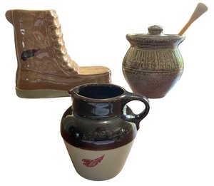 lot 74 image: Set of 3 Red Wing Pottery Collectibles including Boot, Crock, and Pitcher