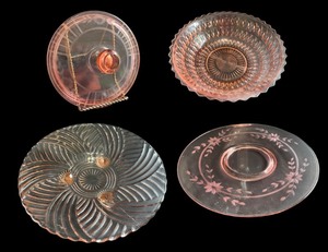 lot 106 image: Set of 4 Vintage Pink Glass Plates with Floral and Swirl Designs