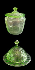 lot 110 image: Collection of Intricate Green Depression Glassware with Butter Dish and Biscuit Jar