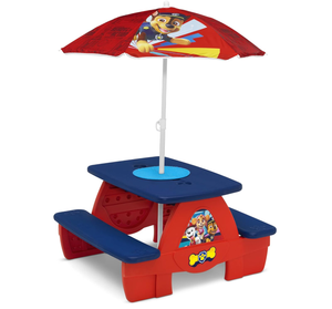 lot 411 image: Delta Children 4 Seat Activity Picnic Table with Umbrella and Lego Compatible Tabletop, PAW Patrol