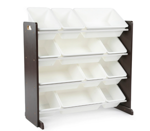 lot 414 image: Humble Crew Espresso Toy Storage Organizer with 12 Plastic Storage Bins, EspressoWhite
