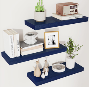 lot 419 image: Solid Wood Floating Shelves Set of 3 - Modern Blue Shelves for Wall Decor Storage