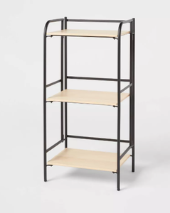 lot 135 image: Folding 3 Shelf Black Metal with Natural Wood Shelves - Brightroom