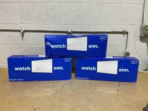 lot 152 image: LOT OF 3 Onn. 120 Portable IndoorOutdoor 169 Projection Screen with Stand