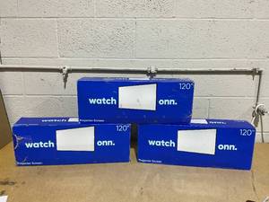 lot 155 image: LOT OF 3 Onn. 120 Portable IndoorOutdoor 169 Projection Screen with Stand